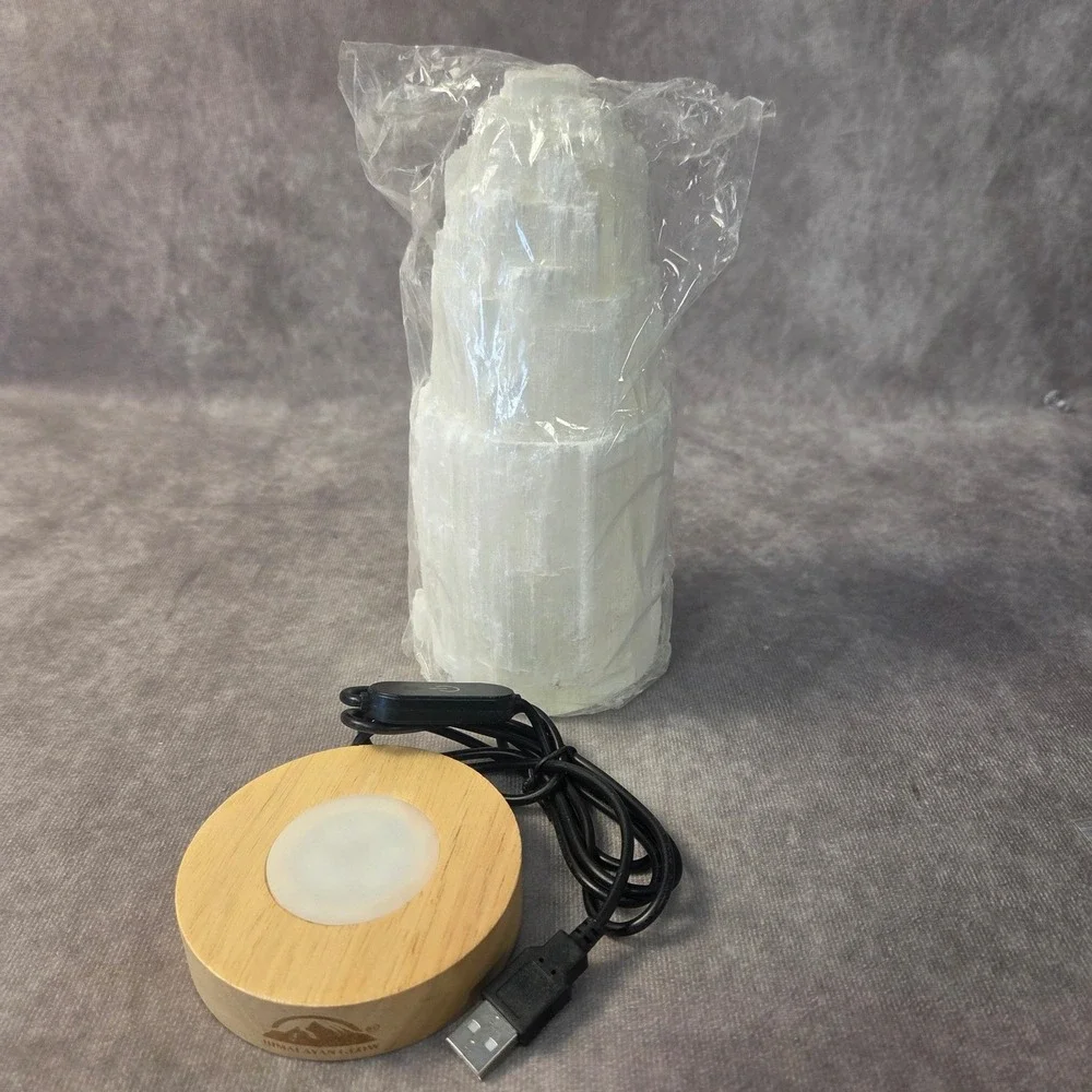 Himalayan Glow WBM Selenite Crystal Lamp Tower White Stone Wood Base USB Cord
